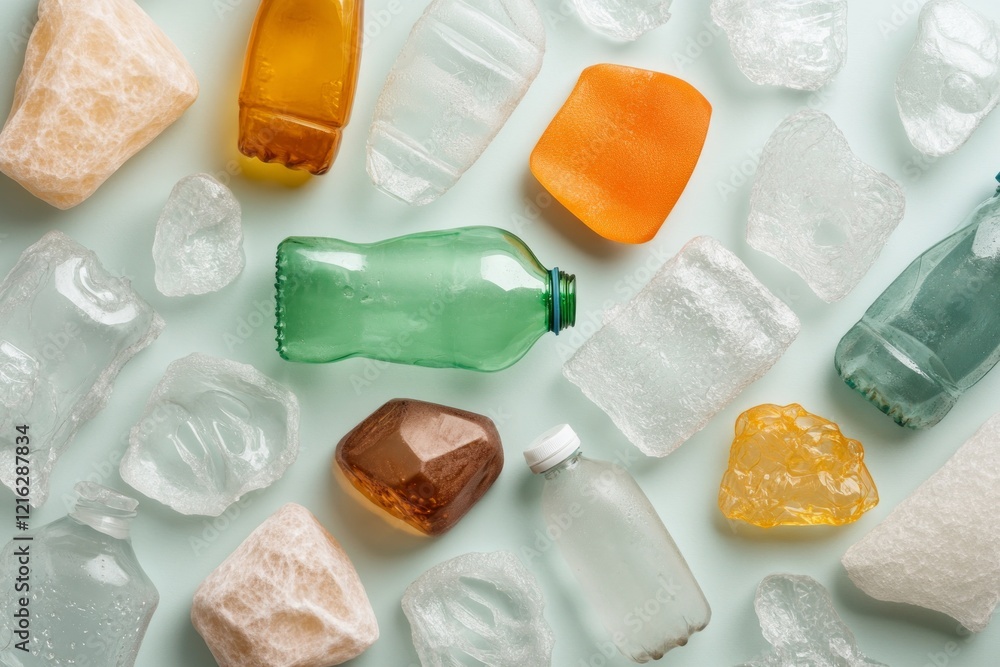 Poster the usage of mitigation strategies and the recycling concept. scattered colorful glass pieces and a 