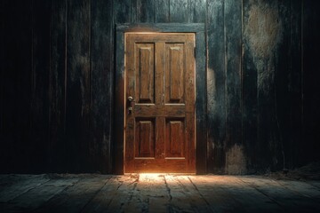 Obraz premium Glowing light under old wooden door in dark room.