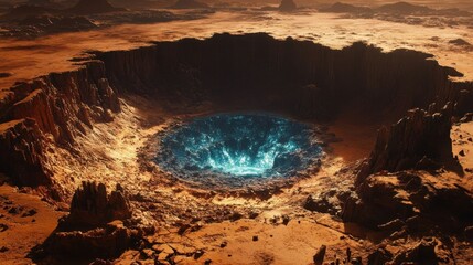 A colossal Martian crater with glowing blue alien plants.
