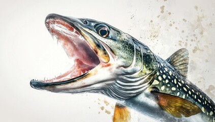 Image of an open-mouthed pike fish with splashes, white background