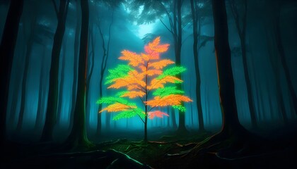 A tree with glowing neon-colored leaves in the middle of a foggy forest, representing abnormality in plant life