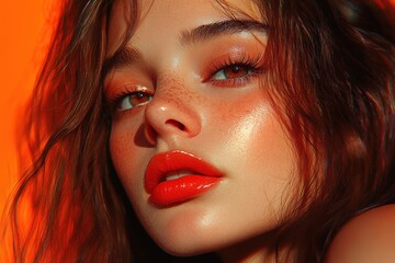 Fiery Sunset Beauty: A Close-Up Portrait of a Woman with Vibrant Makeup