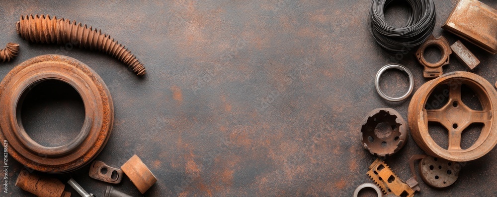 Poster the usage of mitigation strategies and the recycling concept. rusty mechanical parts on a textured s