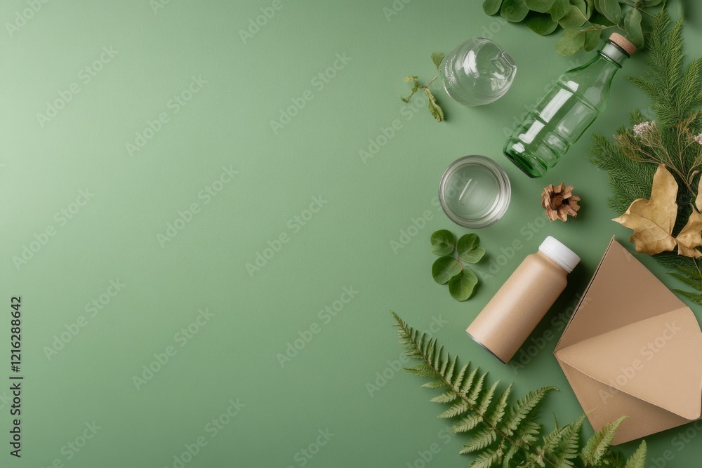 Poster the usage of mitigation strategies and the recycling concept. natural elements arranged on a green b