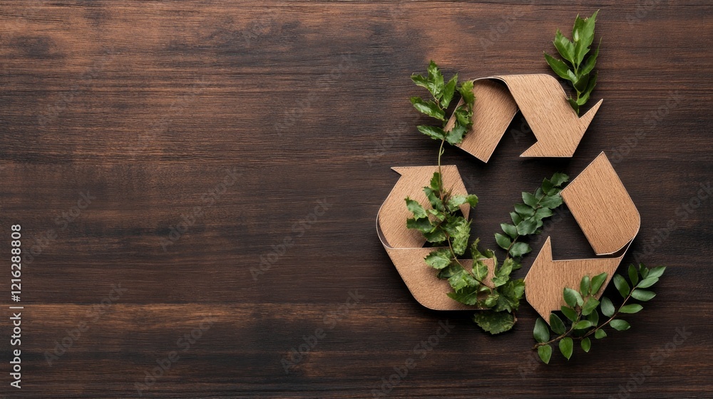 Poster the usage of mitigation strategies and the recycling concept. recycling symbol with greenery on a wo