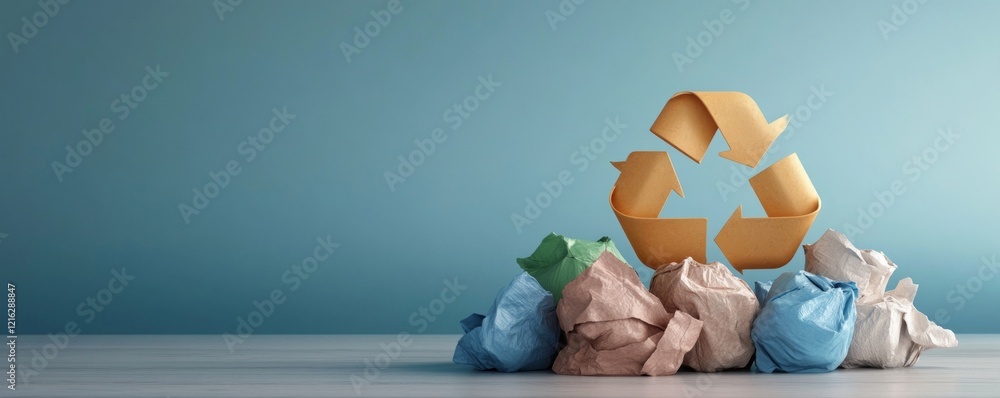 Poster the usage of mitigation strategies and the recycling concept. recycling symbol with crumpled paper o