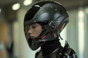 Futuristic female astronaut or soldier wearing a high tech helmet and protective armor, showcasing advanced technology and preparedness