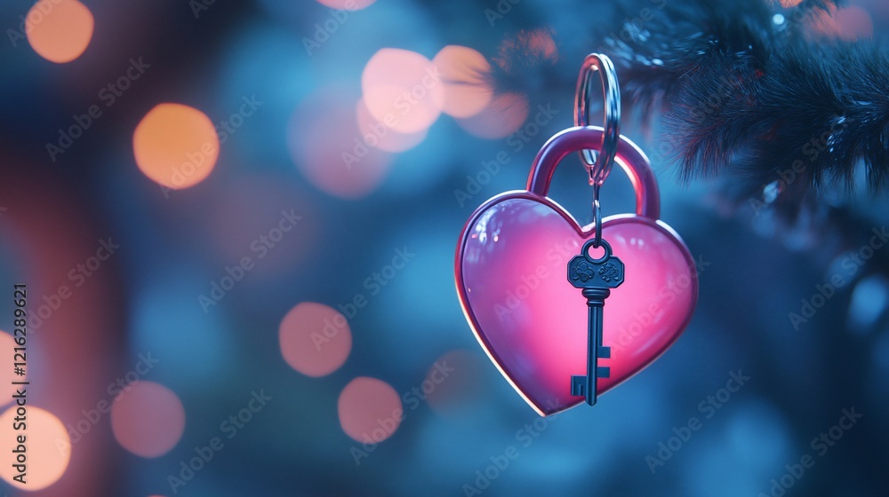 Poster heart shaped lock with key hanging on a branch with blurred background