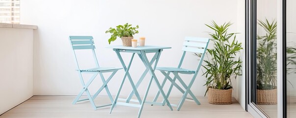Compact pastel blue foldable bistro set on a small balcony