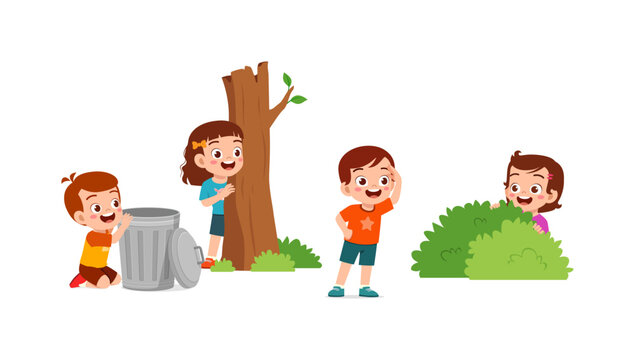 little kid play hide and seek with friend and feel happy