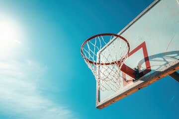 Basketball action close-up of hoop and backboard against blue sky in outdoor setting capturing the essence of sports photography