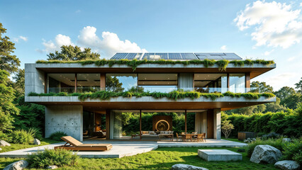 Obraz premium Modern eco-friendly homes nestled in a lush green landscape surrounded by trees and rocks