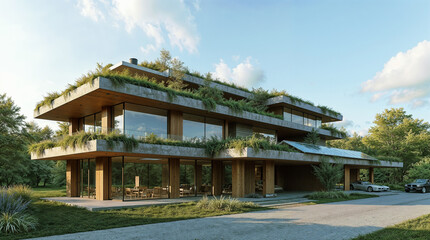 Obraz premium Modern eco-friendly homes nestled in a lush green landscape surrounded by trees and rocks