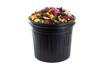 Compost bin with colorful organic waste for eco-friendly recycling isolated on white or transparent, PNG