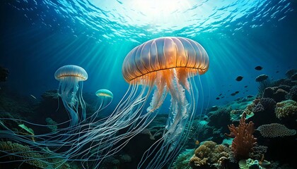 Jellyfish gliding under the sea vibrant marine life coral reef underwater view serenity