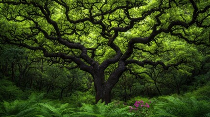 Fototapeta premium Majestic Ancient Tree in Lush Green Forest Ferns and Flowers
