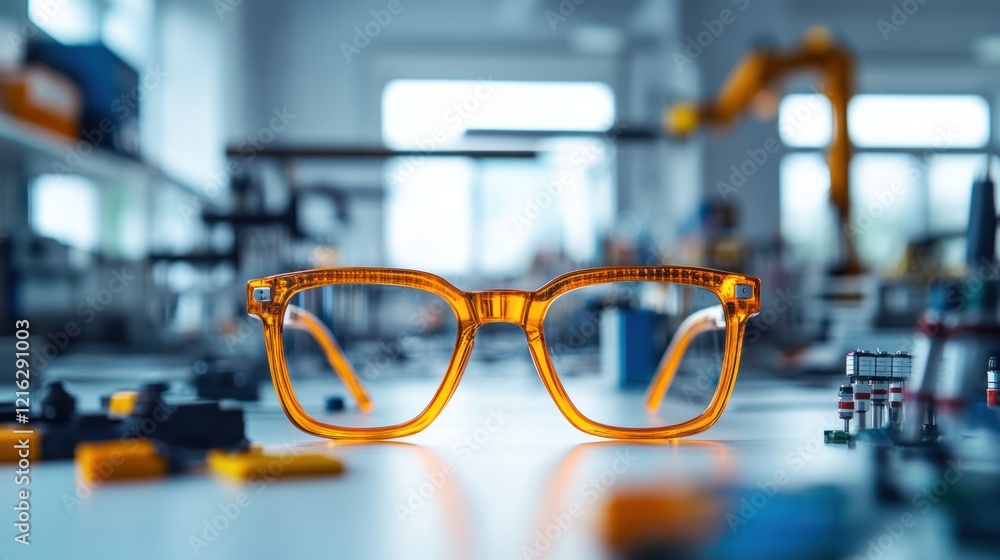 Poster glasses in a stem classroom, surrounded by robotics and coding projects, on solid white background, 