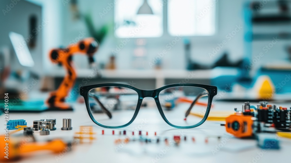 Poster glasses in a stem classroom, surrounded by robotics and coding projects, on solid white background, 