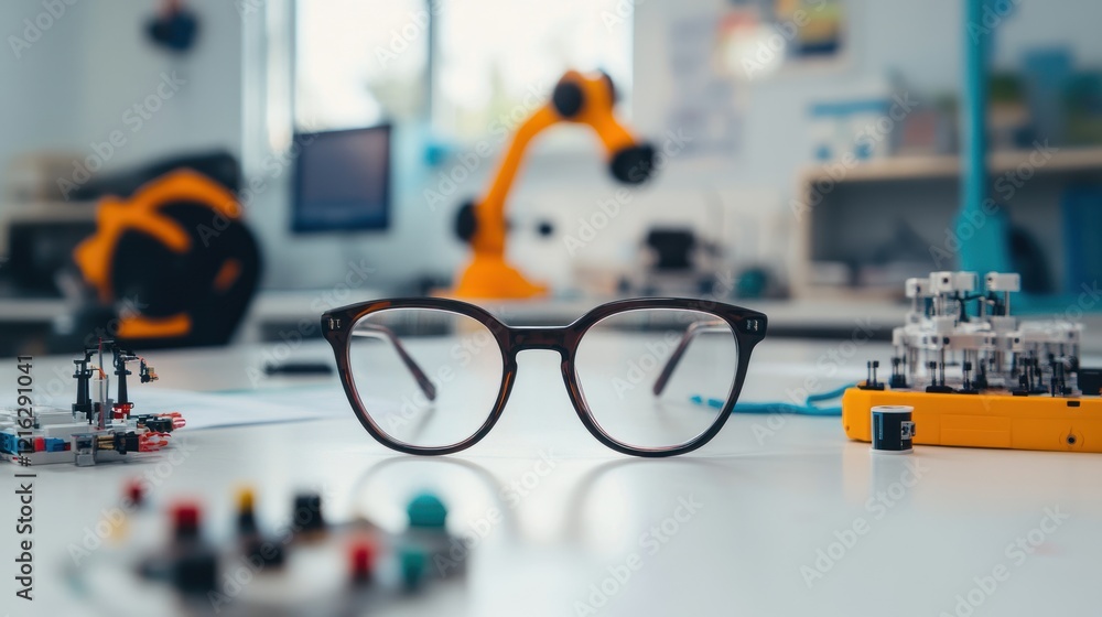 Poster glasses in a stem classroom, surrounded by robotics and coding projects, on solid white background, 