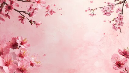 Photo of a pink background with cherry blossoms, white space in the center. Web banner with copy space