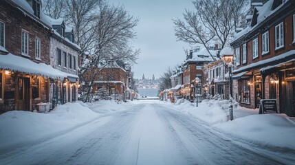 Snowy Street Scene in Old Quebec City, Canada. Picturesque Historic District in Winter., Daytime