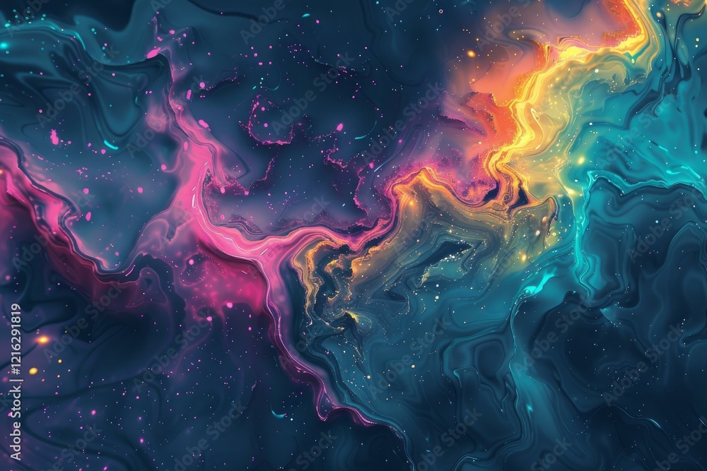Poster nebula cloudscape with vibrant colors swirling and mixing, creating a mesmerizing cosmic scene