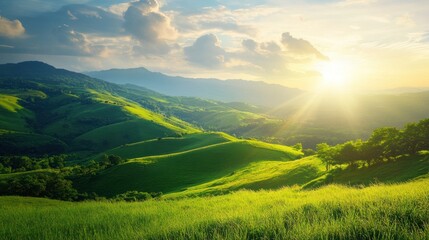 Fototapeta premium Green land with rolling hills and lush grass under a sunny sky, on solid white background, single object.