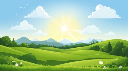 Obraz premium Green land with rolling hills and lush grass under a sunny sky, on solid white background, single object.