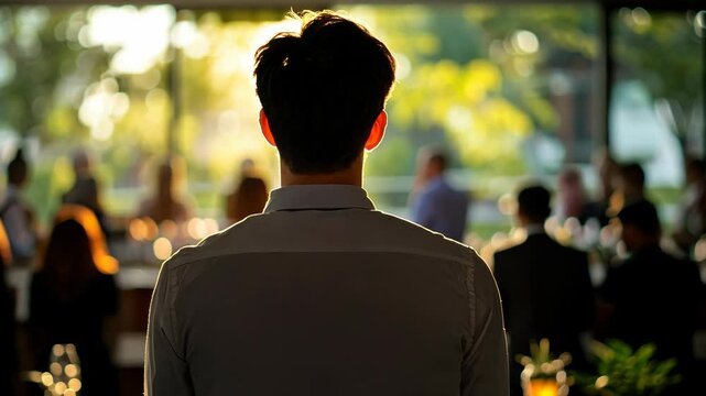 Person standing alone in a gathering, contemplating the lively atmosphere during a sunny social event