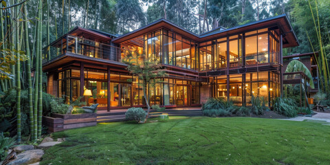 Fototapeta premium Modern Wooden House with Lush Garden