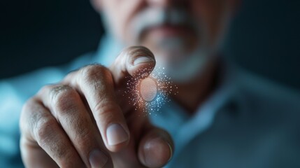 Close-Up of a Senior Man's Finger Touching a Floating Sphere of Light in a Dark Atmosphere