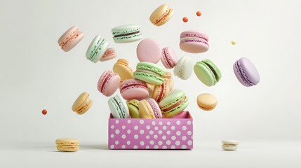 Colorful french macaroons in gift box on color background. Top view of various assorted flavors of classic French macarons in a gift box,almond cookies,Valentine's day sweet gift,holiday,celebration.