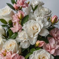 Obraz premium Close-up of a fresh azalea bouquet with white roses against a clear background.A
