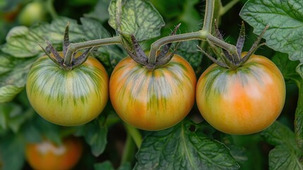 Three Green Zebra Tomatoes on the Vine