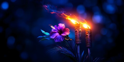 Two tiki torches with flames, surrounded by a vibrant hibiscus flower and tropical foliage against a dark blue background. Concept Tiki Torches, Vibrant Hibiscus, Tropical Foliage