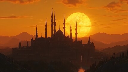 Sunset Mosque Silhouette, Mountains, Moonrise, Fantasy, Game Design