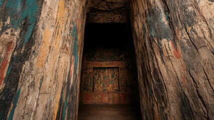 Ancient Carved Wooden Passageway with Colorful Murals