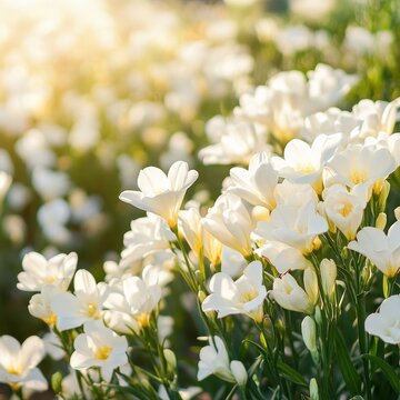 Fototapeta White freesia flowers blooming in garden, sunlight
