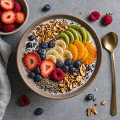 "A smoothie bowl with vividly arranged toppings like chia seeds, fruits, and edible flowers."
