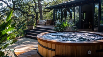 Fototapeta premium Wooden Hot Tub On Deck Near Modern Home