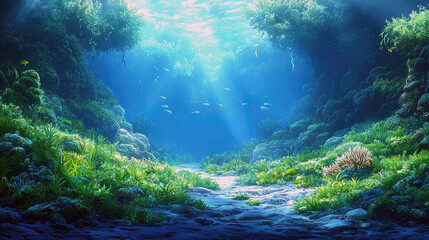 Fototapeta premium Enthralling Underwater Scene: Vibrant Coral Reef, Sunlight Rays, and Aquatic Life
