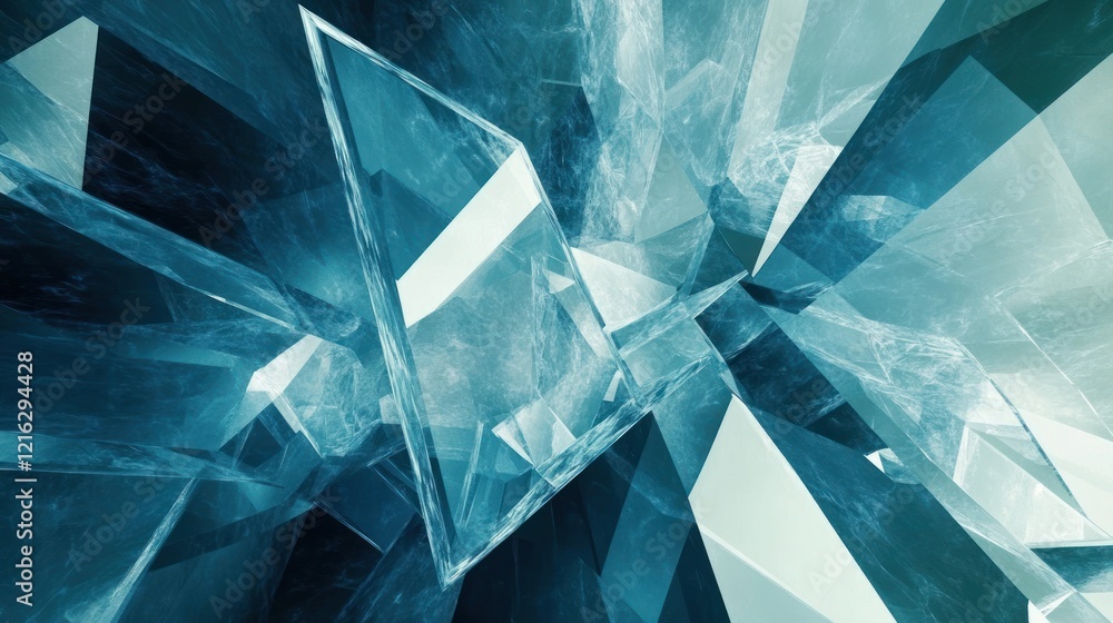 Poster light blue geometric overlay with transparent shapes and sharp angles.