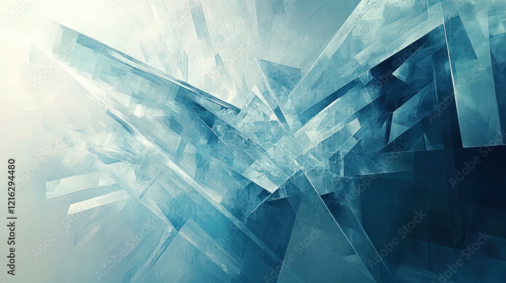 Poster light blue geometric overlay with transparent shapes and sharp angles.