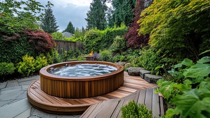 Naklejka premium Wooden Hot Tub Nestled In Lush Garden Landscape