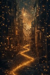 Obraz premium A surreal scene of a starry path snaking through an abandoned city, with the golden glow of stars contrasting against the crumbling buildings and dark streets.