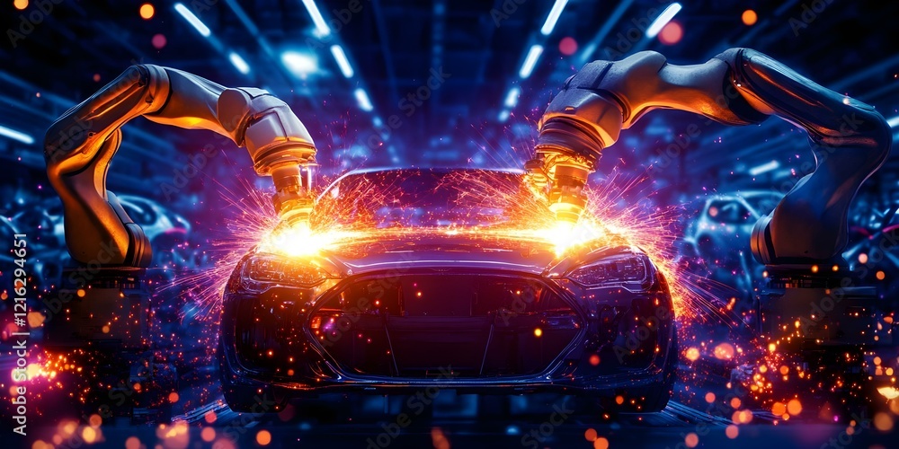 Aufkleber a futuristic automated assembly line with robotic arms welding sparks on a car in a high-tech enviro