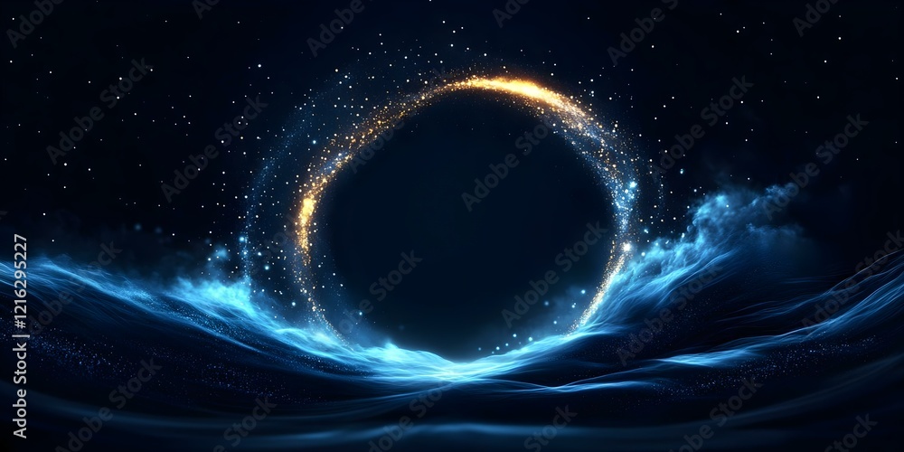 Poster a mesmerizing scene of swirling blue waves and glowing particles forming a circular shape against a 