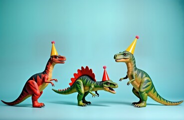 Fototapeta premium Three toy dinosaurs wear party hats. Look happy, ready for celebration. Stand on plain light blue background. Dinosaurs different colors, sizes. Fun image for kids enjoy dinosaurs.