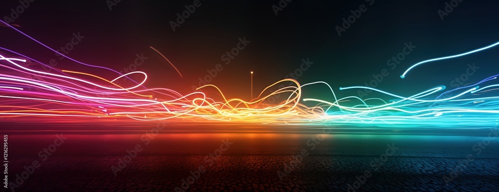 Poster Abstract dynamic light trails in rainbow colours move across dark background. Vibrant glowing lines create beautiful motion effect. Light beams create colorful curves, patterns. Looks like night