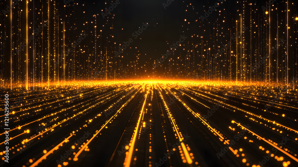 Poster A vibrant abstract image featuring golden lines and particles radiating from a central horizon, creating a sense of depth and motion